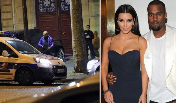 Anggota polis bersenjata berkawan di depan apartmen selepas rompakan dan kanan, Kim Kardashian bersama suaminya, Kanye West. - Foto Agensi