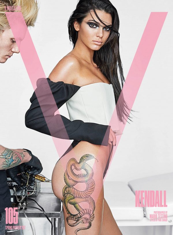 Kendall Jenner bersama ukiran tatunya untuk V Magazine isu 2017. Foto - Arkib Wanista